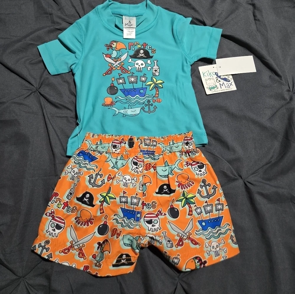 KIKO & MAX Baby Boys Set with Short Sleeve Rashguard Swim Shirt, Turquoise